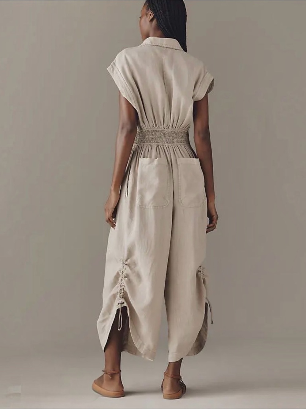 Anthropologie Linen Shirting Barrel Leg Cropped Putty Oatmeal Jumpsuit M - Picture 2 of 12